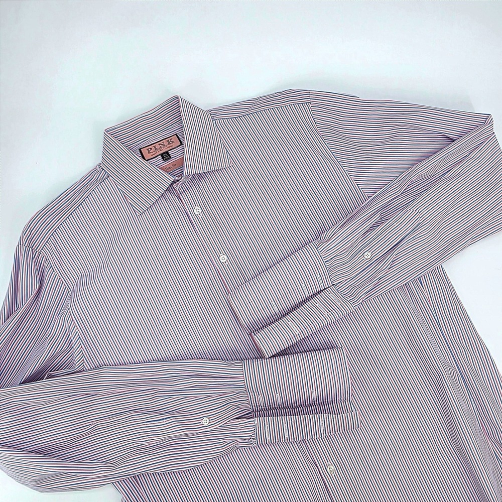 Thomas Pink Mens Slim Fit Striped Dress Shirt 16.5 42cm‎ French Cuff Pink Blue